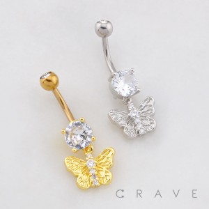 MULTI CZ BEADED BUTTERFLY DANGLE BELLY BUTTON NAVEL RING 316L SURGICAL STEEL